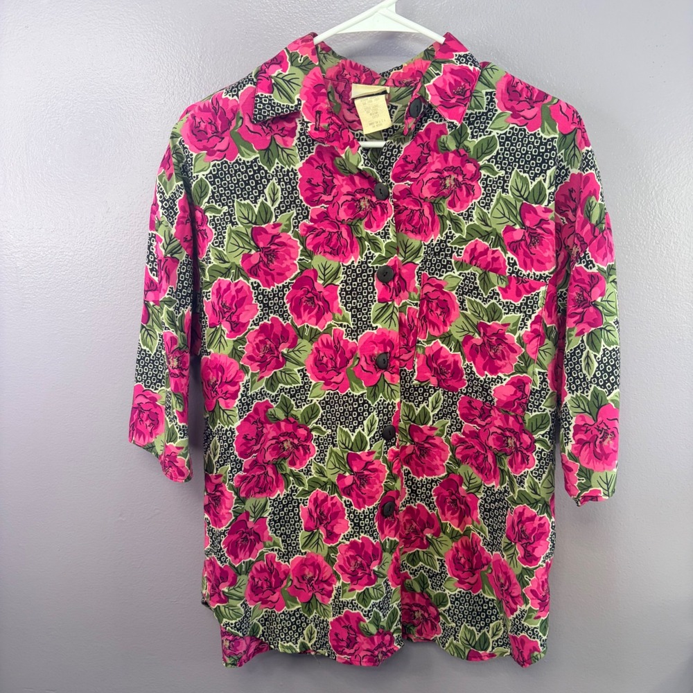 Vtg 90s Pink Floral Blouse Rose Button Up USA Medium 12/14 Colorful Retro